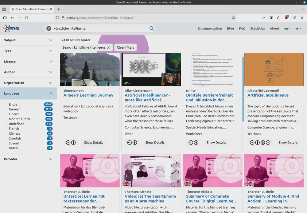 The German search term "künstliche intelligenz" also delivers matching resources in English and other languages because of being expanded to multiple languages in the OERSI backend